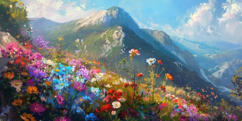 a painting of colorful wild flowers on a mountain in the style of panorama Generative AI