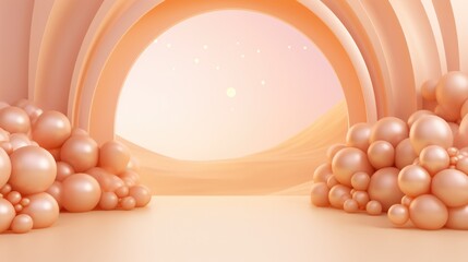 Wall Mural - Generative AI, arch of peach fuzz color balloons. Birthday party, wedding or shower 3d background. Template for greetings or invitations...