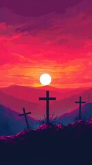 Wall Mural - Good friday - Three cross crucifix on mountain and orange green sky and sunshine texture background vector design