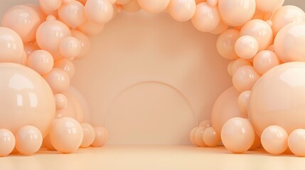 Wall Mural - Generative AI, arch of peach fuzz color balloons. Birthday party, wedding or shower 3d background. Template for greetings or invitations...