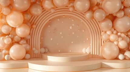 Wall Mural - Generative AI, arch of peach fuzz color balloons. Birthday party, wedding or shower 3d background. Template for greetings or invitations...
