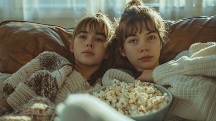 Two cheerful teenager friends watching a tv film at home. Two girl eating popcorn and Having a movie night. Generative ai