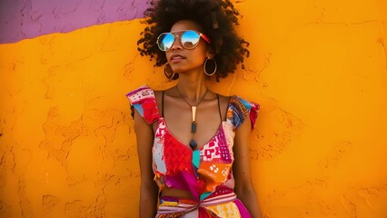 Wall Mural - Festival Ready A patchwork romper in vibrant colors and playful patterns paired with platform sandals and statement sungles. Ready to dance the day away at a summer music