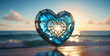 Stained glass mosaic heart on the ocean beach. Love, summer vacation,travel concept. Generative AI.
