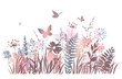 Meadow herbs and flying butterflies. Flowering summer or spring field in watercolor style.
