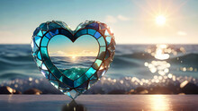 Stained Glass Mosaic Heart On The Ocean Beach. Love, Summer Vacation,travel Concept. Generative AI.
