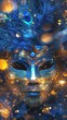 Realistic luxury carnival mask with blue feathers. Abstract blurred background, gold dust, and light effects.