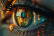 A close up of a woman 's eye with binary code reflected in it