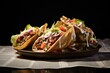 Conceptual close-up photography of a tasty tacos in a clay dish against a newspaper or magazine background. AI Generation