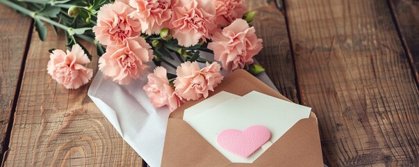 Sticker - Happy mother's day on white paper in brown envelope and pink heart and carnation flowers on wood texture background with copy space