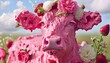 flowery strawberry cow up close face in pasture 