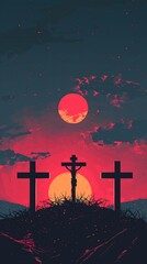 Wall Mural - Good friday - Three cross crucifix on mountain and orange green sky and sunshine texture background vector design