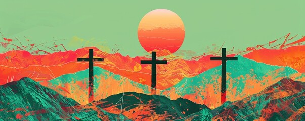 Wall Mural - Good friday - Three cross crucifix on mountain and orange green sky and sunshine texture background vector design