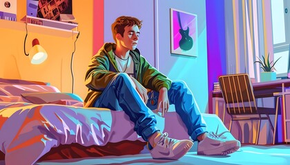 teen boy sitting on bed colorful room hoodie jeans casual drawing