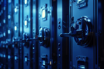 A row of lockers with a blue light behind them