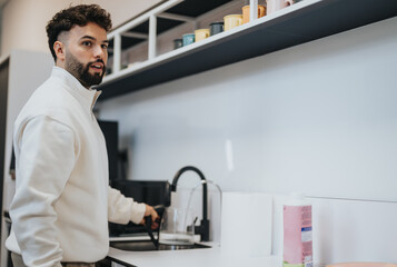  Stylish man in a modern kitchen enjoying a morning coffee.