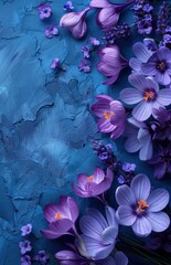  the flowers of crocus, lavender, and violet, on a blue background