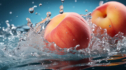 Sticker - Peach in spray of water. Juicy peach with splash