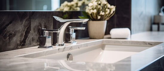 A clean hotel bathroom sink with two faucets, each with their own handles, and a small vase of fresh flowers placed beside them.