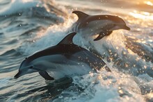With Sheer Joy, A Pair Of Dolphins Gracefully Leap From The Sparkling Ocean Waves, Welcoming The Dawn In A Mesmerizing Display Of Freedom.