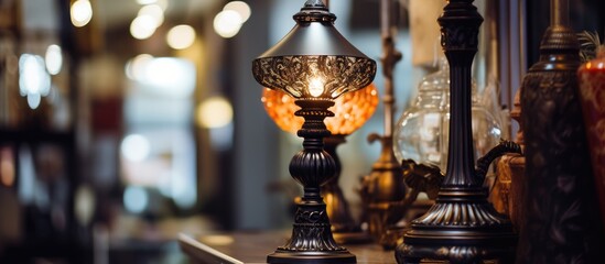 A small lamp post and a table lamp are seen sitting on top of a table in a showroom setting. The lamps are the main focus of the composition.