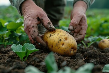 Wall Mural - Tubers of new potatoes.Harvesting. A man digs potatoes with a shovel.