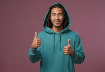 Wall Mural - A happy man in a teal hoodie showing approval with two thumbs up. He exudes casual comfort and friendliness.