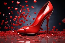 A Red High Heeled Shoe Surrounded By Hearts