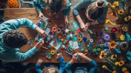 Wall Mural - A family enjoys quality time together, engaging in arts and crafts at a colorful and messy home workstation, fostering creativity. AIG41