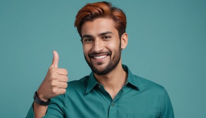 Wall Mural - A smiling man in a green shirt with a positive thumbs up gesture, exuding confidence and friendliness.