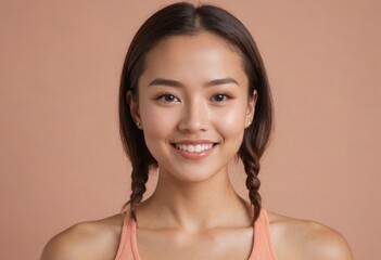 Canvas Print - A radiant woman with braided hair and a beaming smile, wearing a light pink sports top.