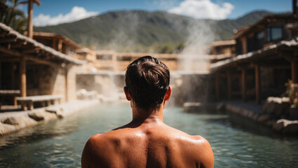 back view of a man in a hot spring pool