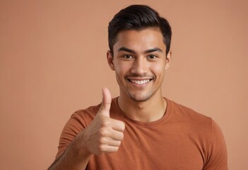 Canvas Print - Cheerful man in a casual tee giving a thumbs up, his bright smile and casual posture suggest an easygoing personality.