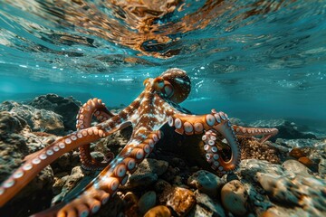 Wall Mural - Octopus and coral reef in the sea.