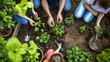 A woman and girls are leisurely planting hair, plants, and houseplants in flowerpots on the grassy garden, sharing the joy of terrestrial plant adaptation. AIG41