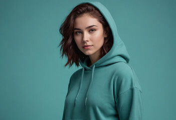 Wall Mural - Young woman in a stylish hoodie with a contemplative look. Her casual, fashionable attire speaks to a relaxed confidence.