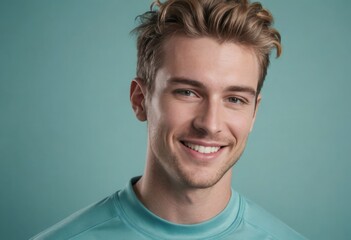 Canvas Print - A cheerful young man in a light blue shirt, with a soft blue backdrop. His bright smile conveys happiness and ease.