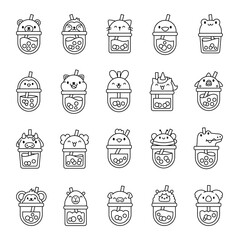 Wall Mural - Matcha bubble tea with animal faces. Coloring Page. Boba beverage. Hand style. Vector drawing. Collection of design elements.