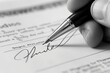Close-ups of a man using a ballpoint pen to sign important documents.