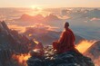 Solitary monk on mountain peak, sunrise meditation, spiritual awakening.