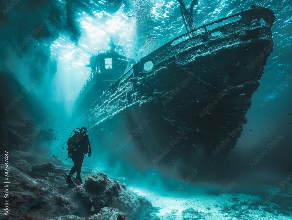 Exploring an underwater scene, a diver uncovers an ancient sunken ship ...