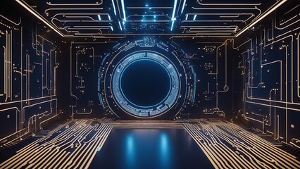 background with code _The image has a dark blue background with light blue gradients and curves.  