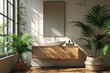 A bathroom featuring a sink and a potted plant, set against a modern mockup design