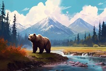 A Bear Standing On A Rocky Bank Of A River