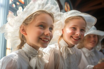 Wall Mural - First communion joy: heartwarming moments of young believers in white dresses, celebrating this sacred Christian sacrament with faith, purity, spirit of spiritual growth in memorable church ceremony.