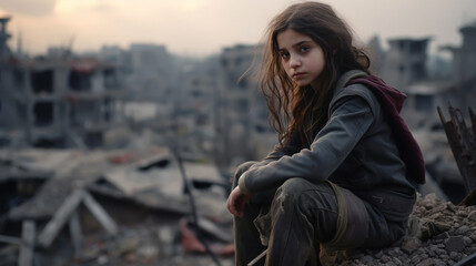 Wall Mural - A girl next to a house destroyed by the war. Child in the ruins of his house destroyed by the war. Peace concept