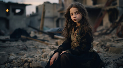 Wall Mural - A girl next to a house destroyed by the war. Child in the ruins of his house destroyed by the war. Peace concept