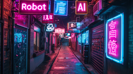 Neon store signs of AI and Robot on wet deserted city street at night, grungy dark alley with purple and blue light. Concept of dystopia, cyberpunk, shop, technology and future