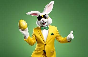 Wall Mural - easter bunny with eggs. Easter bunny in a 
yellow suit, wearing virtual glasses, dancing and juggling with Easter eggs, spring, green background