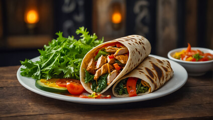 Canvas Print - Delicious shawarma with chicken and vegetables in the kitchen